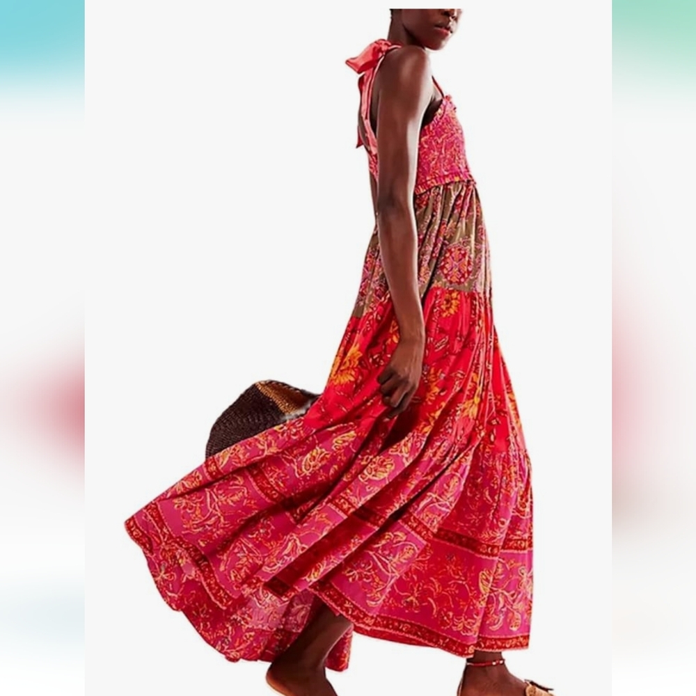 Bohemian Floral Maxi Dress - Pink and Brown